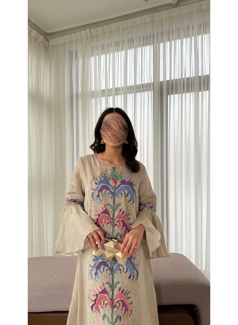 Women’s Embroidered Jalabiya – Beige Traditional Kaftan Dress – Wide Sleeves – Ramadan & Occasion Wear - Image 1